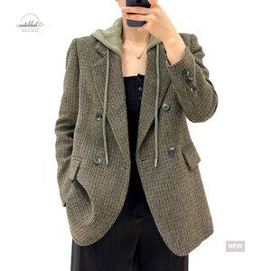 Oversized Hooded Blazer Jacket Loose Fit Double Breasted Work Office